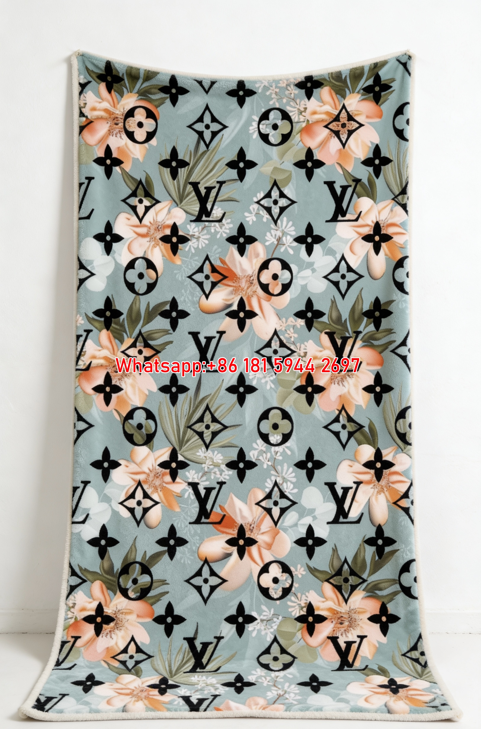 LV Sage Green Floral Blanket Peach Flower LV Monogram Throw IMG_3266